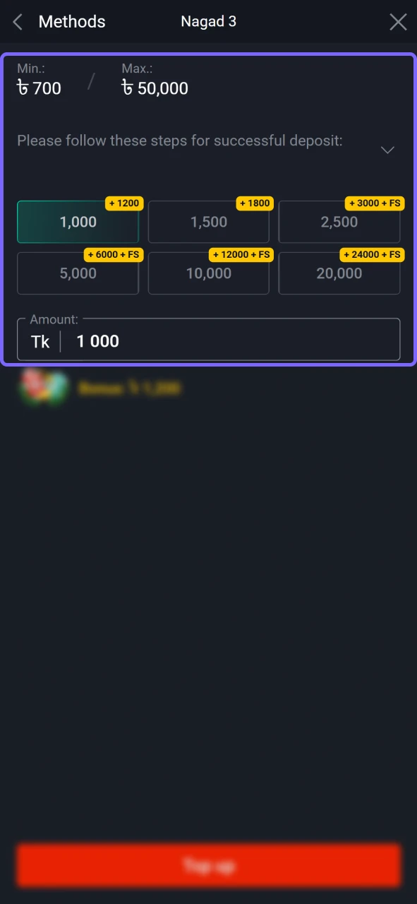 Add funds via bKash or Crypto to your account for playing Plinko Game.
