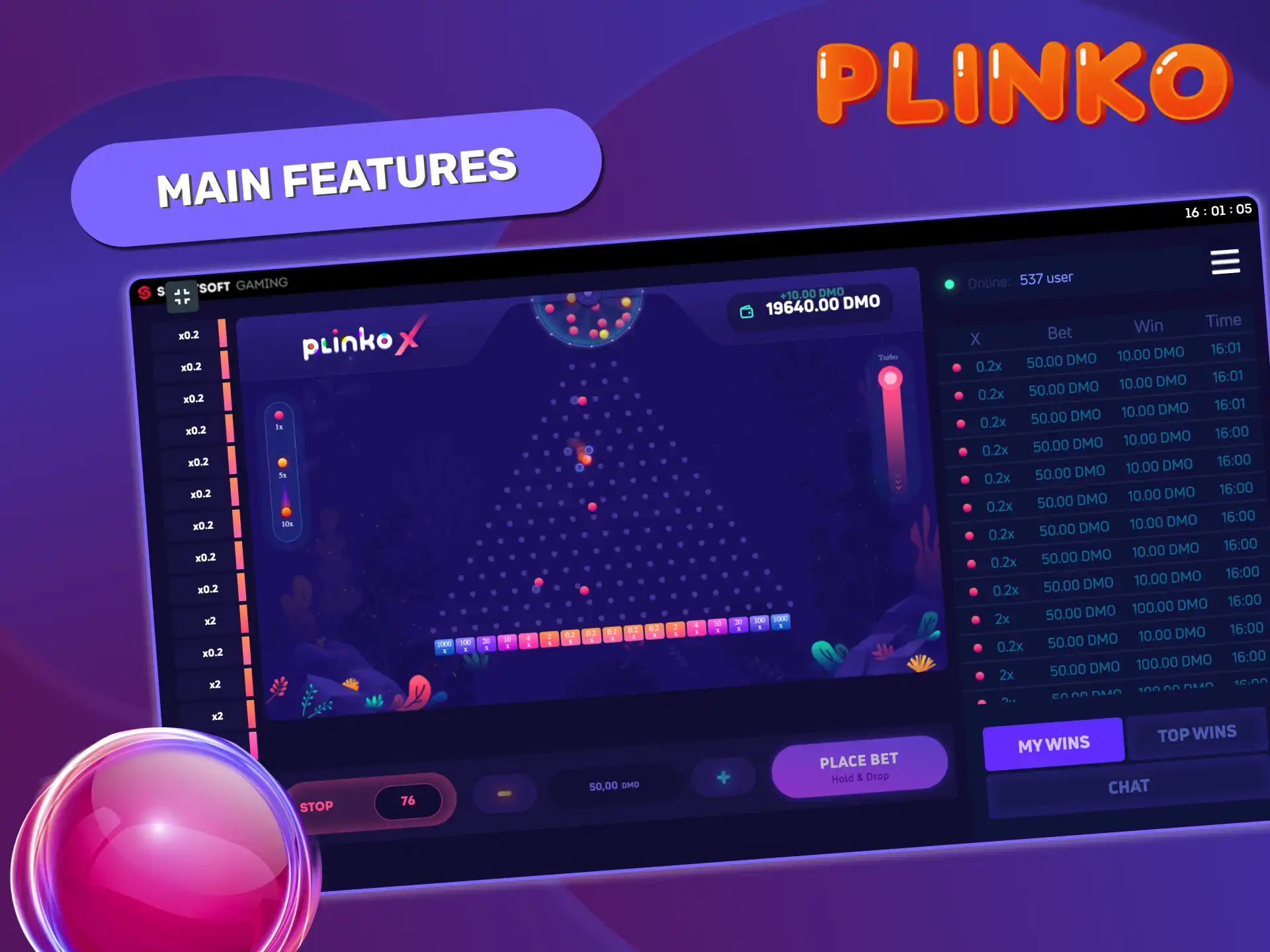 Plinko demo version with virtual money, risk level controls, and multiplier display on screen.