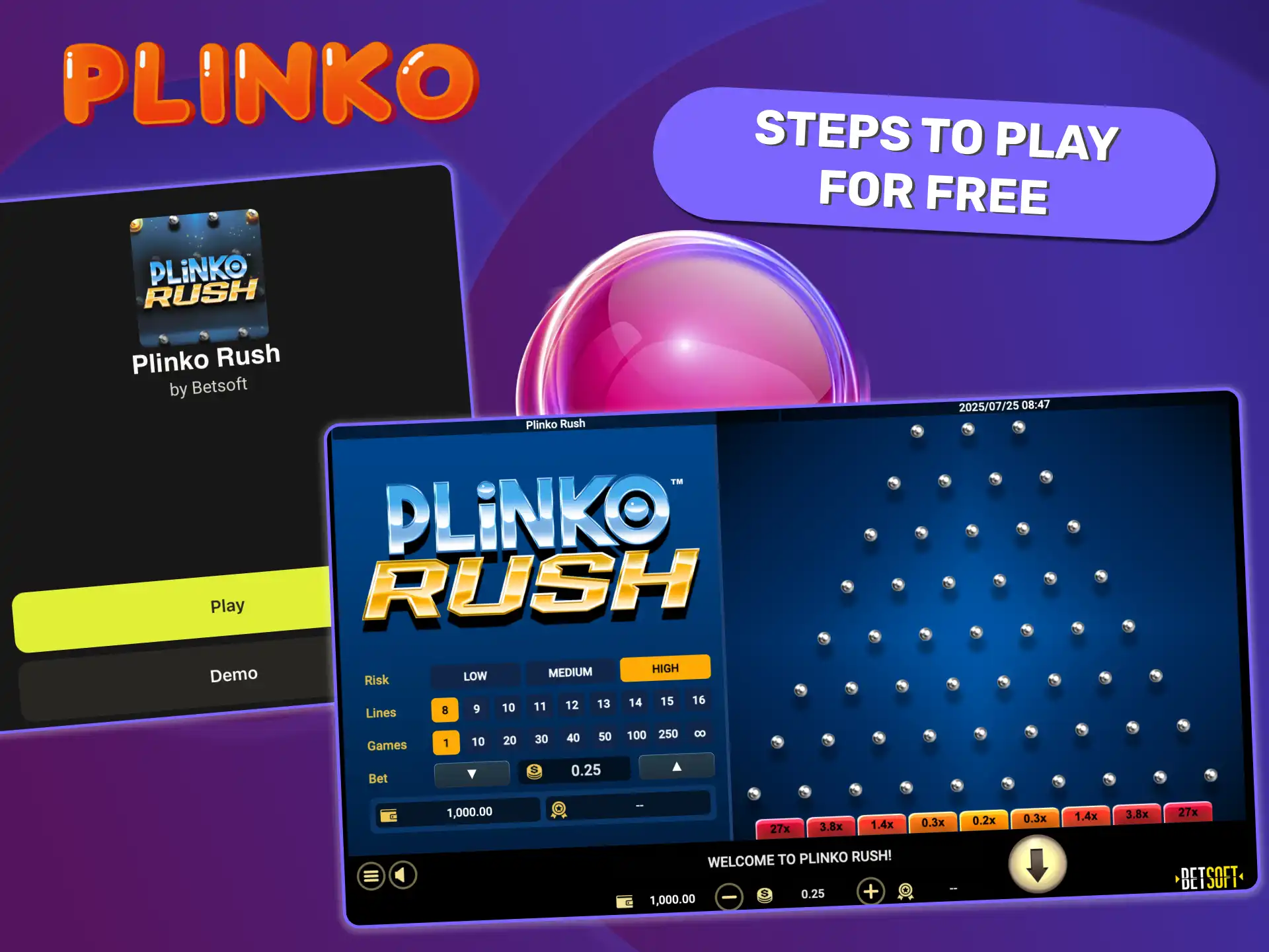 Instant access to Plinko demo version, with settings control and ball drop feature.