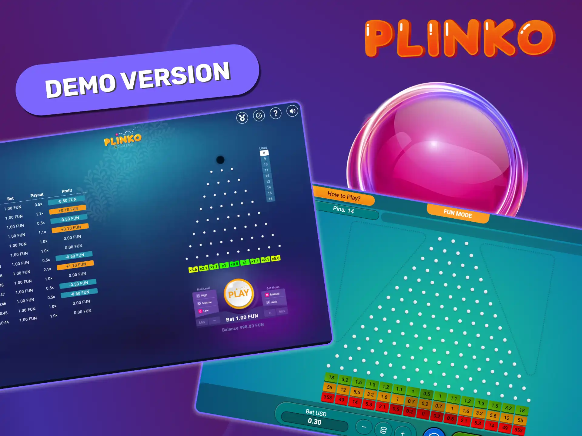 Demo version of Plinko with virtual coins, letting users test features like autoplay and risk levels without real money.