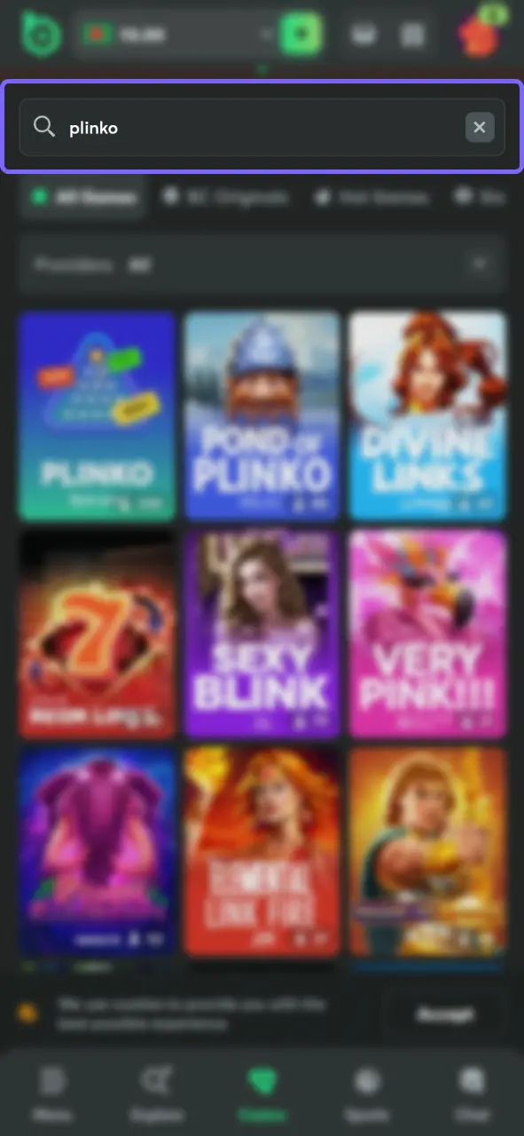 Go to the casino section and find Plinko Game using the menu or search bar.