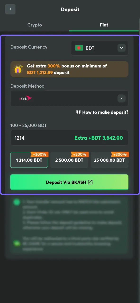 Go to the deposit section, select a method, and top up your balance to start playing Plinko Game.