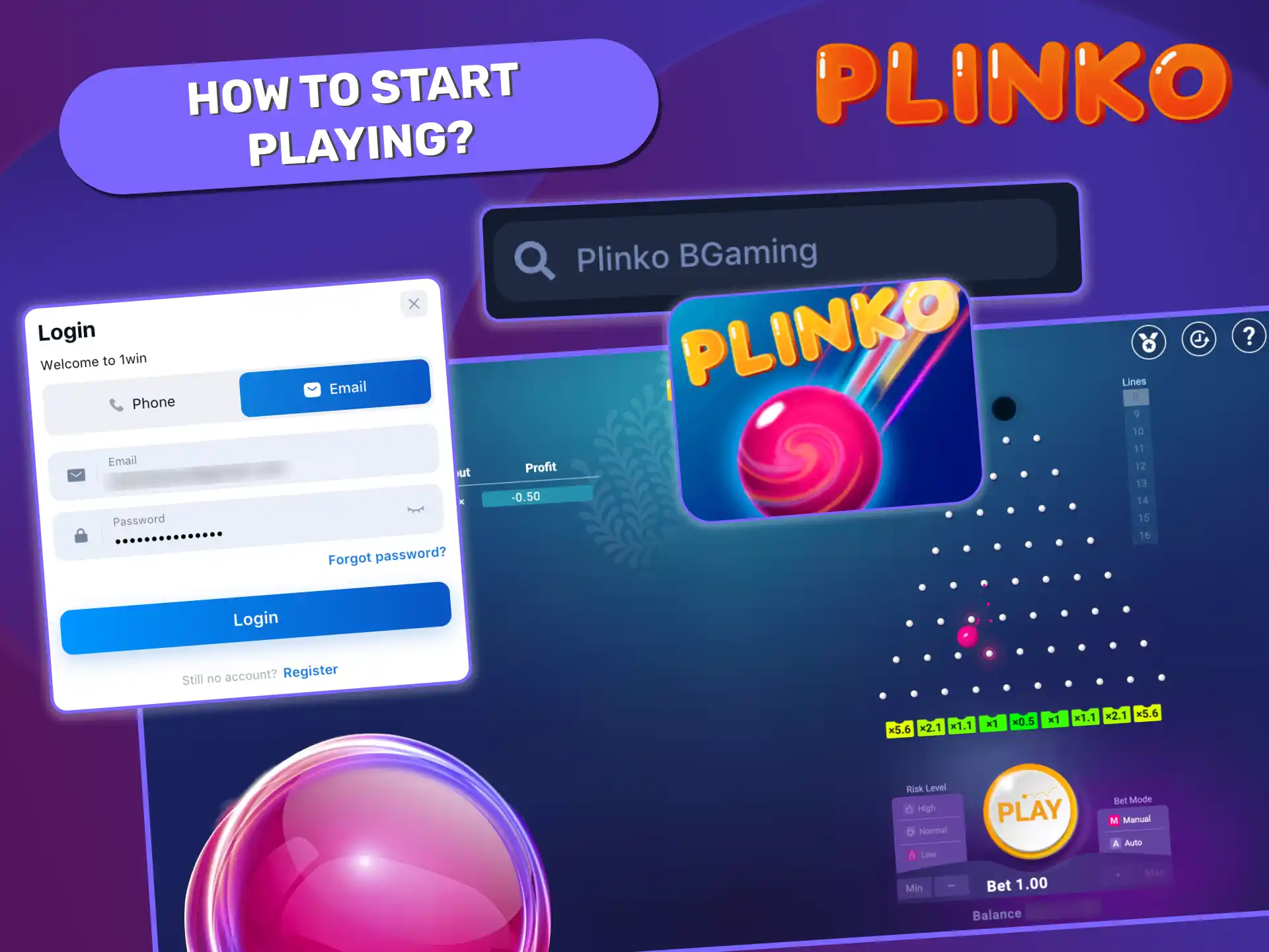 Start playing Plinko BGaming easily by registering, depositing, and choosing your bet and risk level.