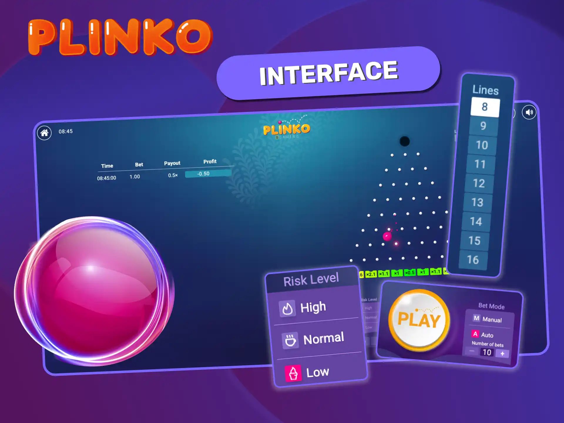 Start playing Plinko BGaming quickly using the clear risk selector and rows adjustment.