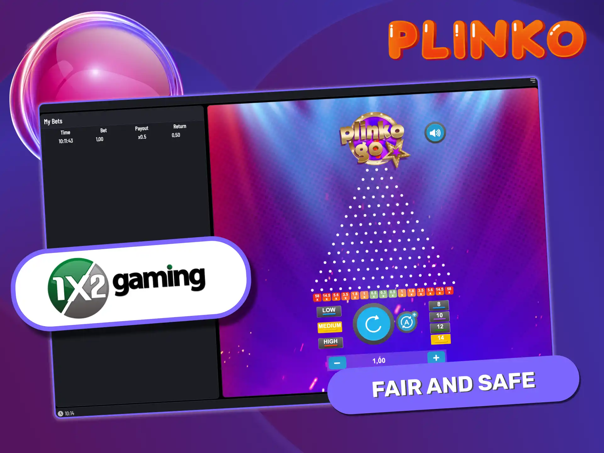 Plinko Go by 1x2 Gaming is a provably fair game licensed by Malta Gaming Authority, ensuring secure and random outcomes with RNG technology.