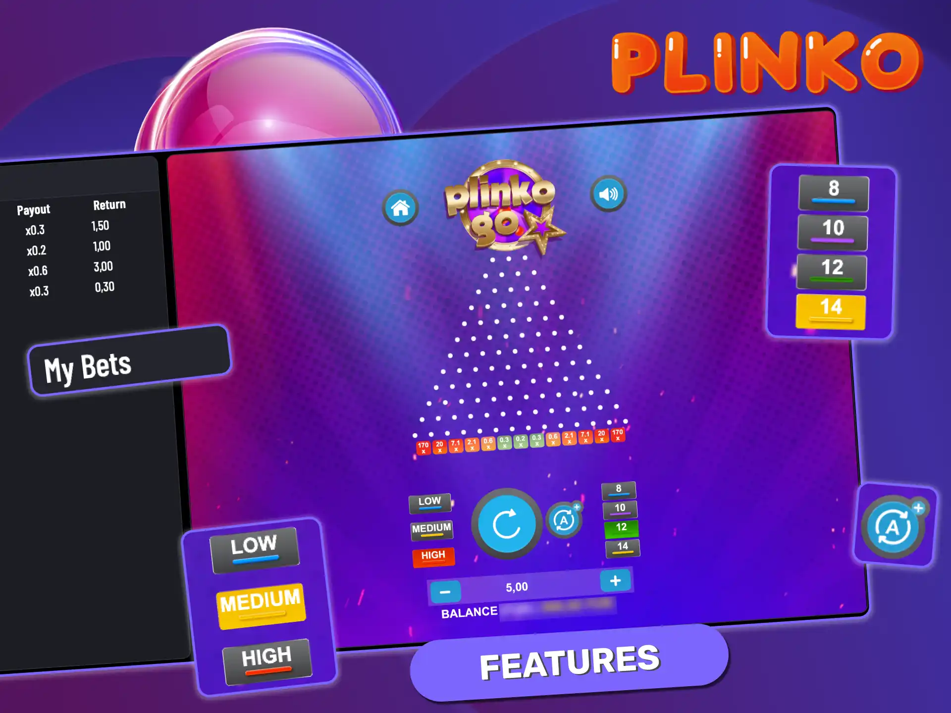 Plinko Go offers flexible gameplay with options for autoplay, demo mode, three risk settings, row selection, and bet history review.