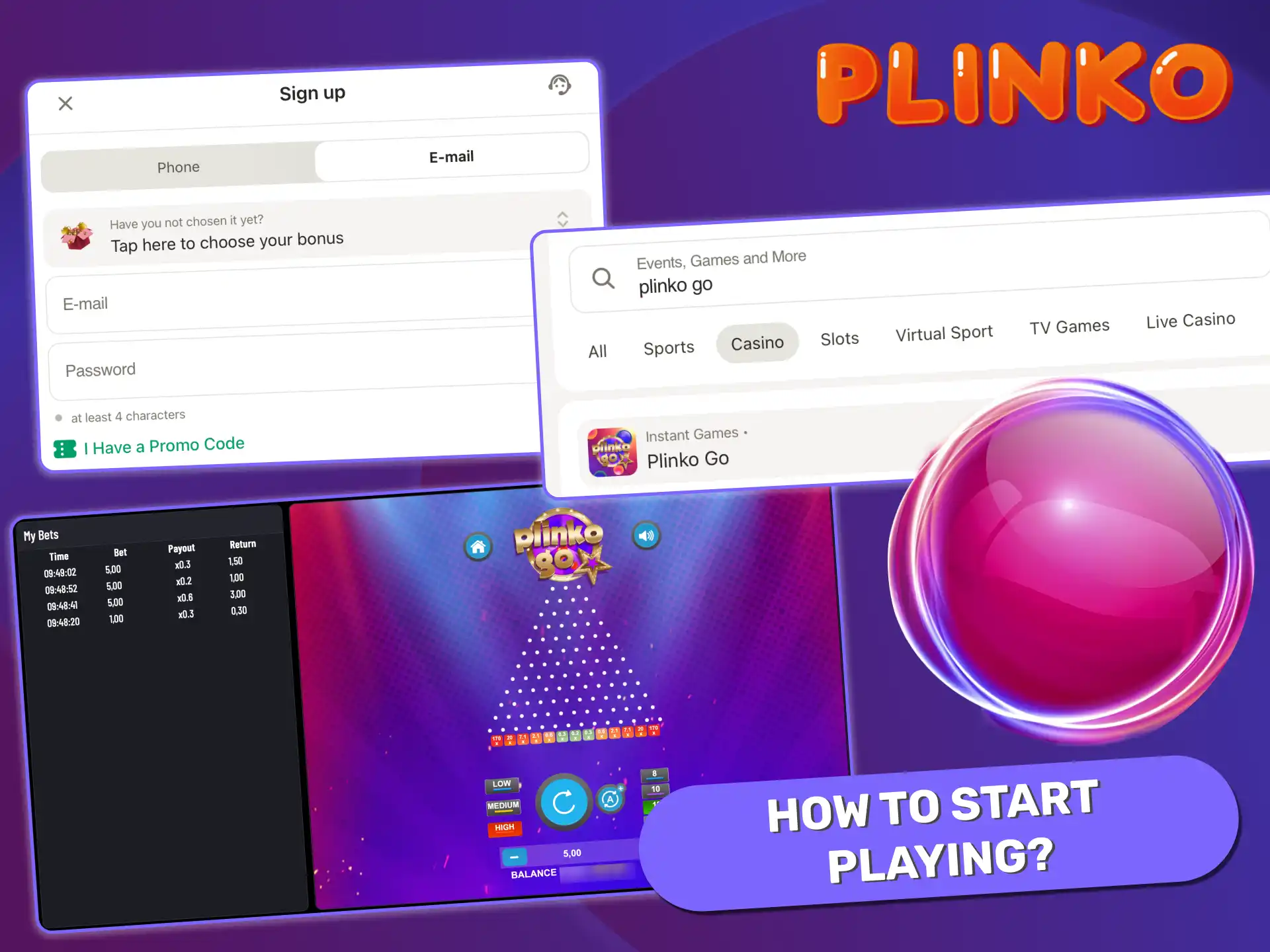 Start Plinko Go easily by choosing a casino, registering, depositing money, adjusting bet and risk, and launching the game.