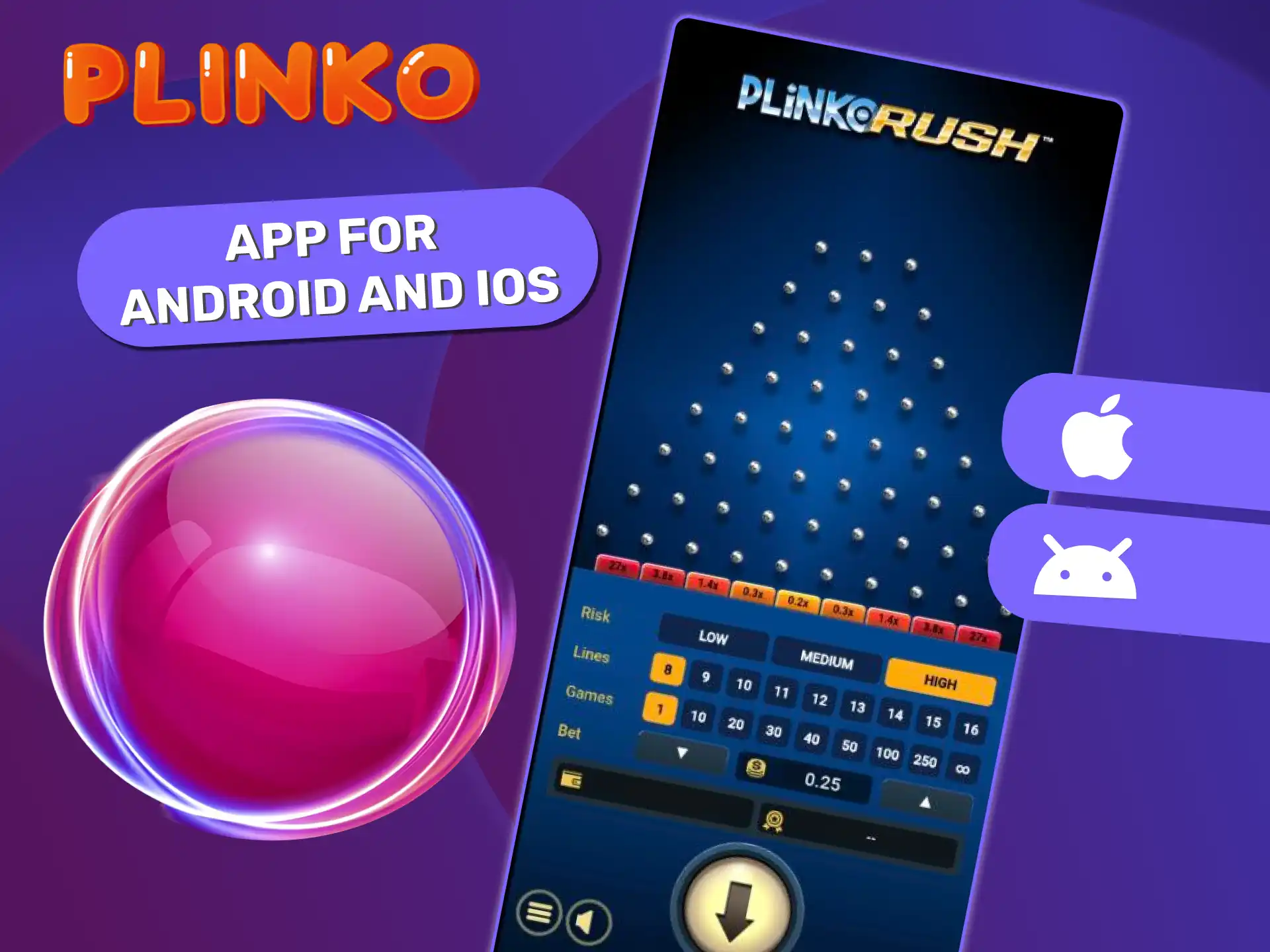 Plinko Rush game features fully available on casino apps for mobile devices, supporting smooth gameplay on Android and iOS.