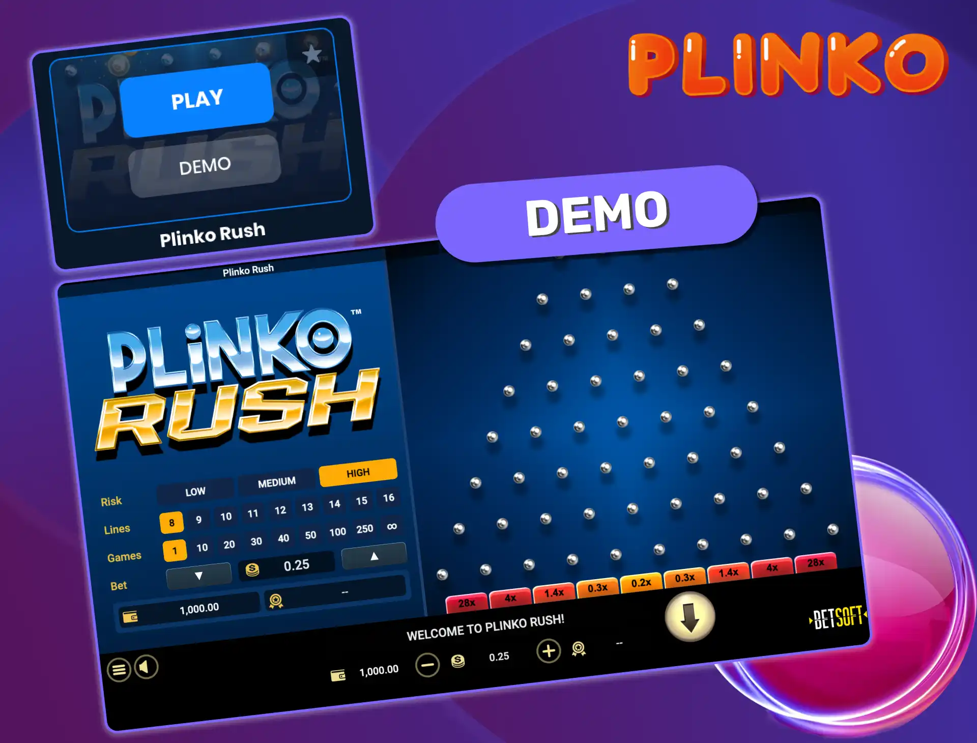 Plinko Rush demo mode lets you try the game for free with virtual funds and full features before playing for real money.