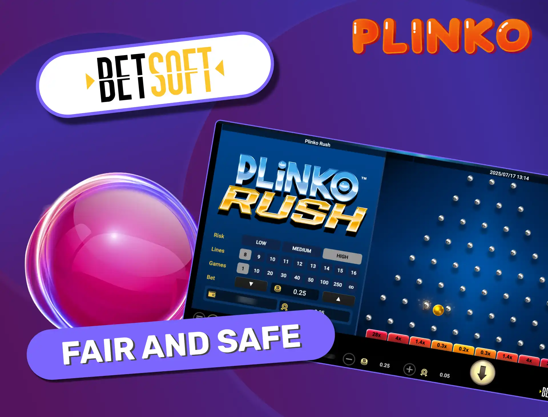 Plinko Rush by Betsoft is fair and safe, operating under Malta Gaming Authority license with provably fair and RNG technologies.
