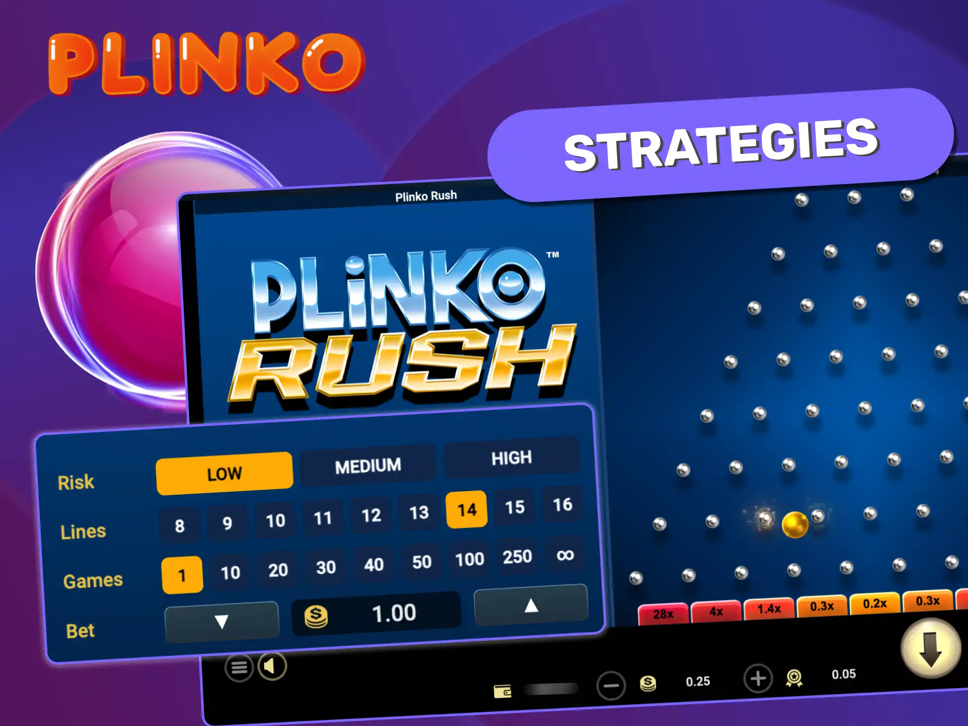 Use smart strategies in Plinko Rush, like setting risk levels wisely and playing with multiple lines for better winning chances.