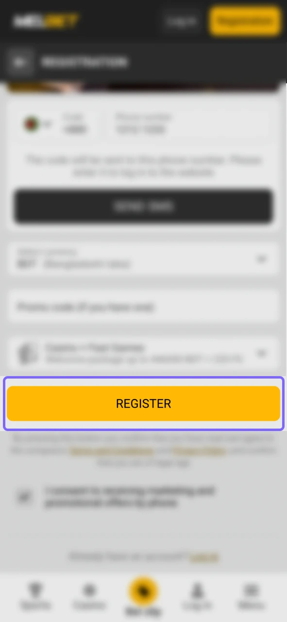 Finish casino registration with button and press to start playing Plinko Game.