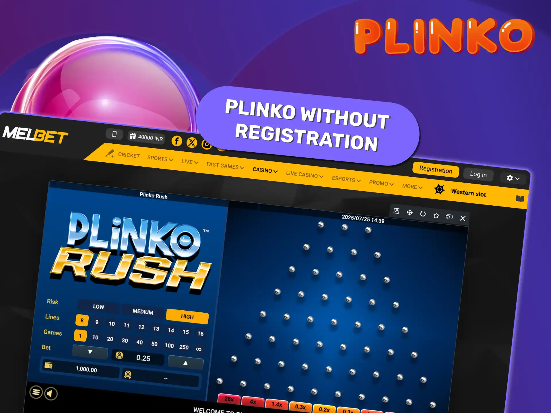 Play Plinko in demo mode without registration or deposit, using virtual money.