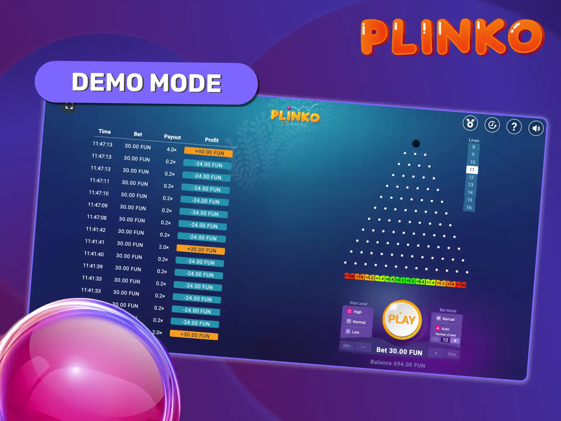 Play Plinko in demo mode to test strategies without risking your bankroll.