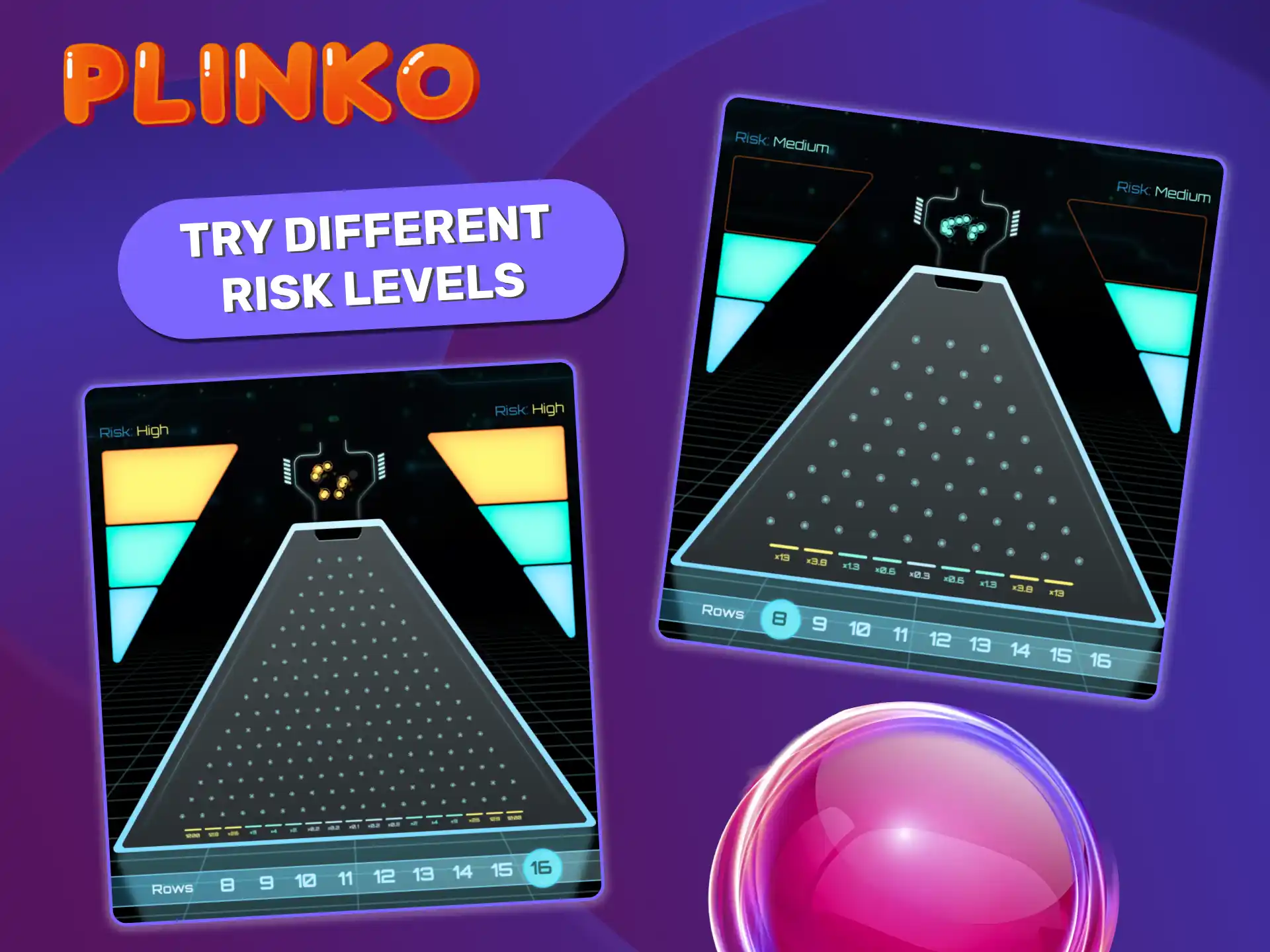 Try different risk levels in Plinko to find the best balance for your playstyle.