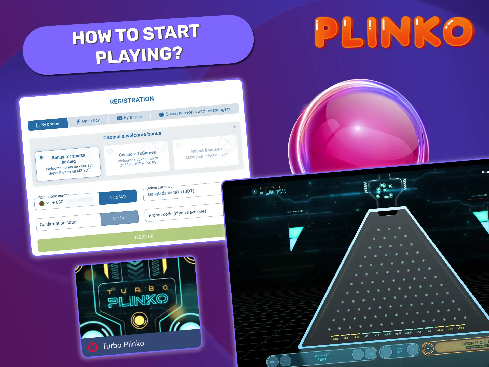 To play Turbo Plinko, open the game in a licensed casino, set risk level and bet amount, choose number of lines and disks, then click the play button.
