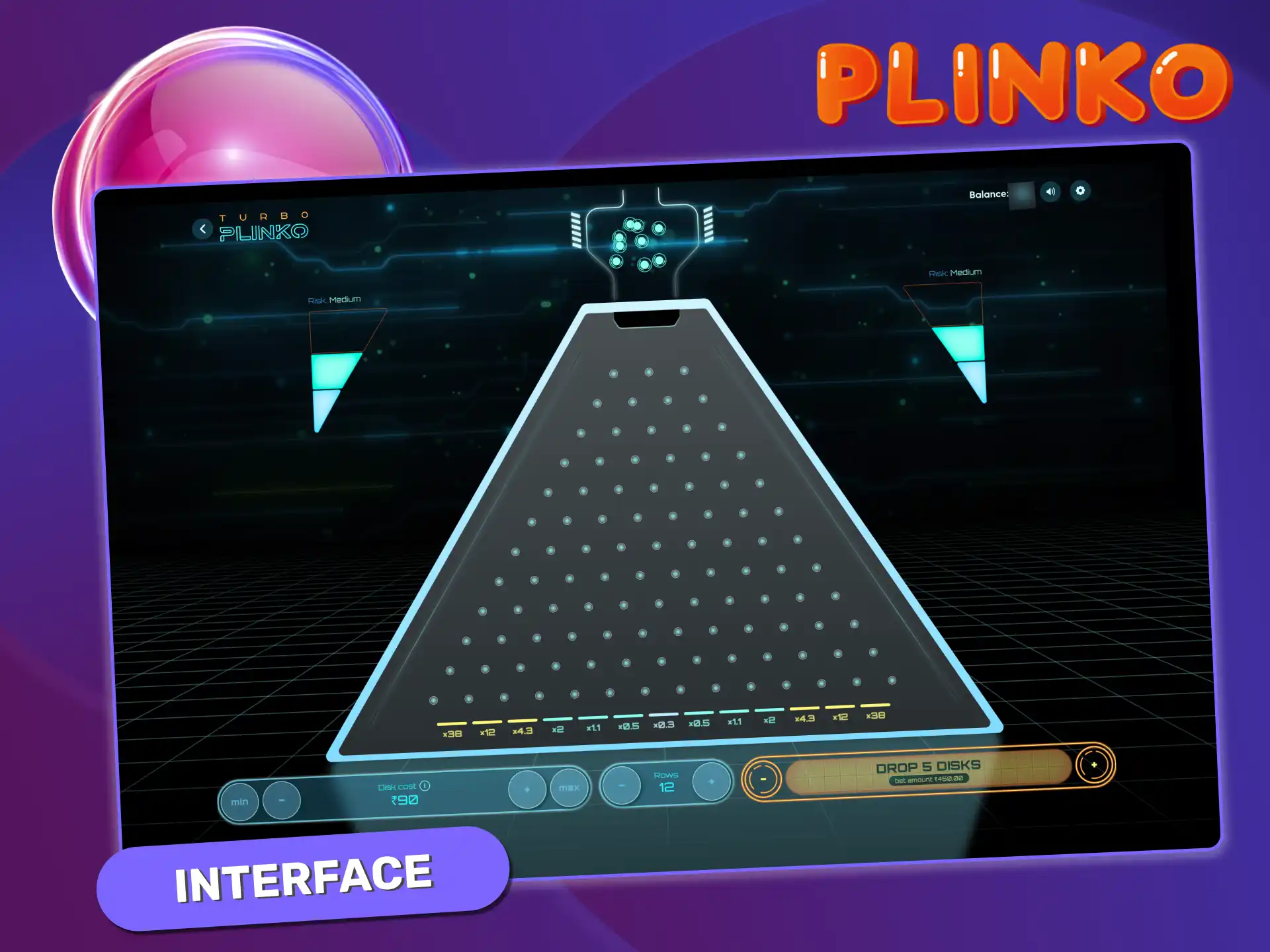 Turbo Plinko interface shows a Tron-style pyramid with pegs and rows, risk level adjustment, bet parameters, and settings for sound, history, and rules.
