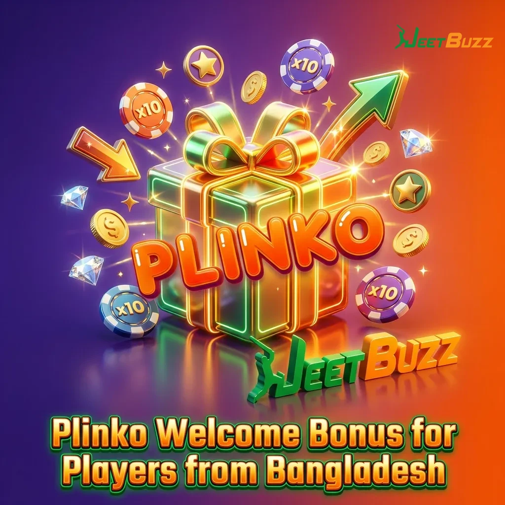 Plinko welcome bonus offer showing 100% match up to 1,077 BDT for Bangladesh players on Jeetbuzz casino platform