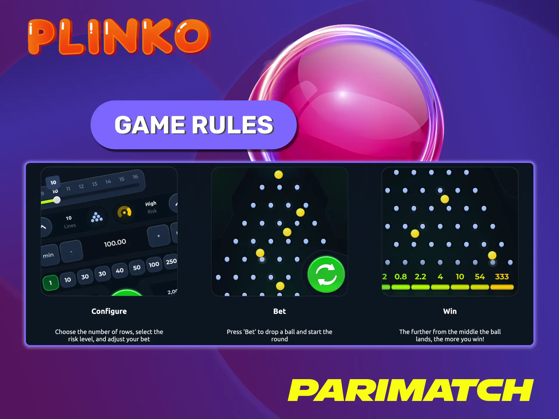 Learn the basic Plinko game rules and mechanics at Parimatch casino.